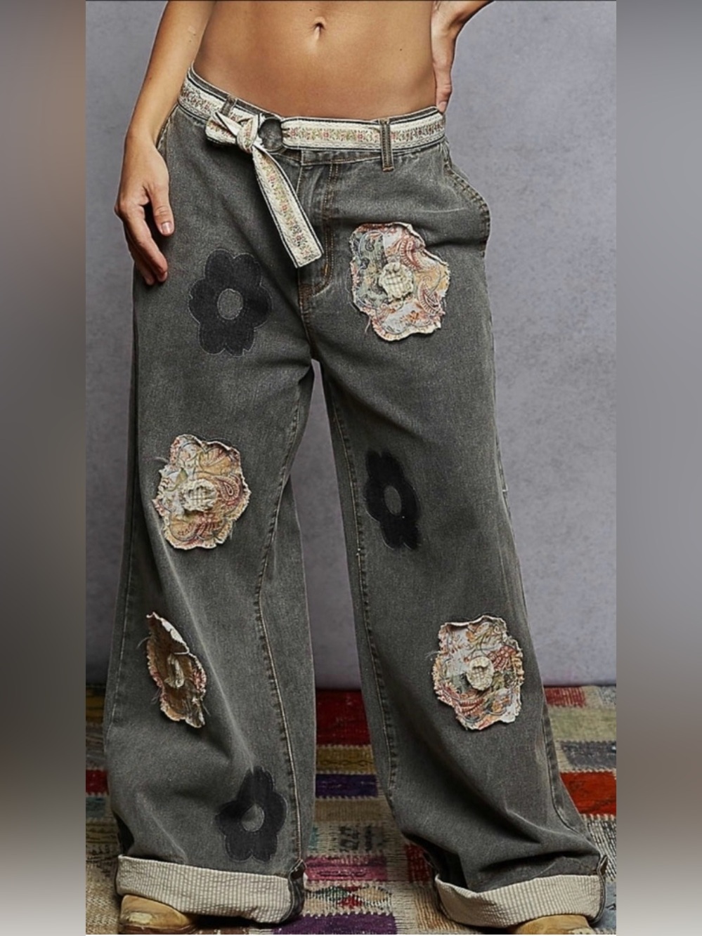 POL Wide-Leg Embroidered Patchwork Jeans